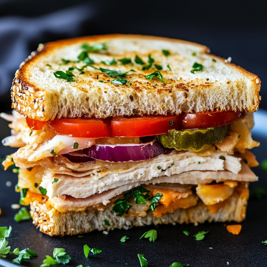 Fully assembled healthy chcoien sandwich with toppings